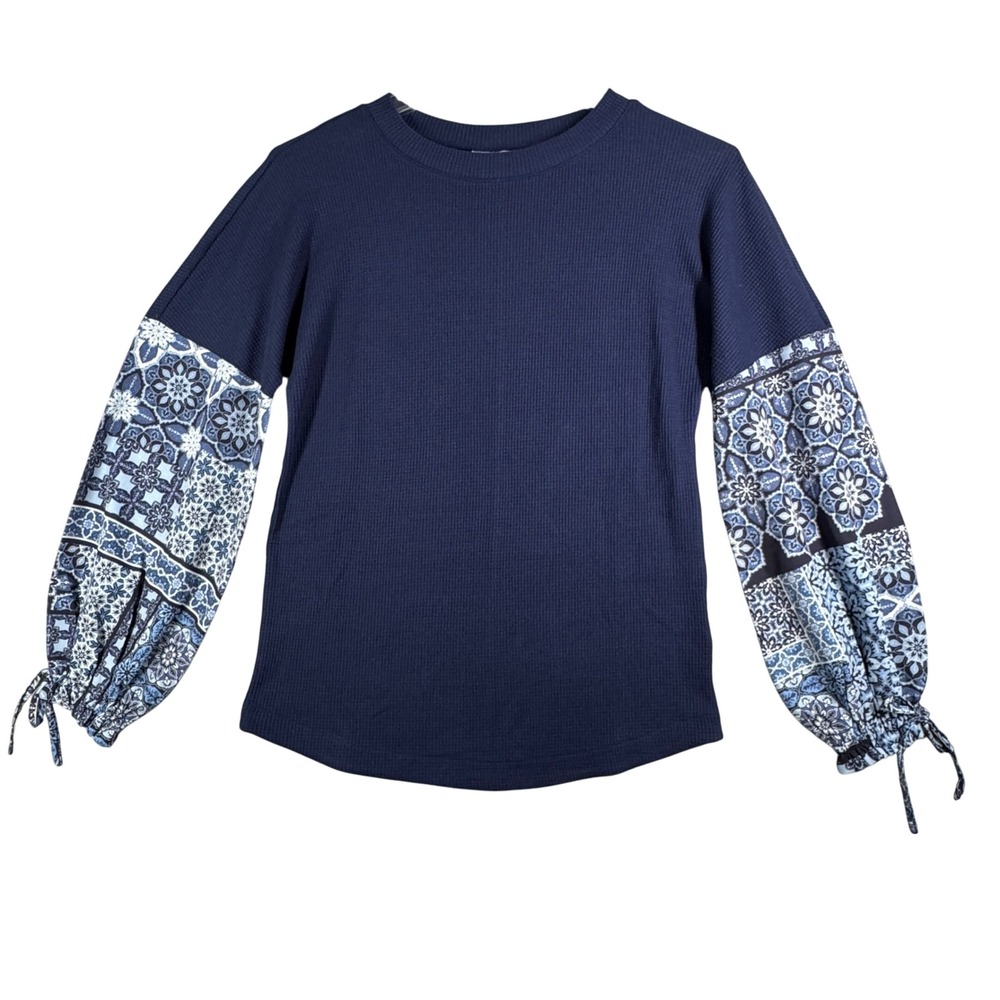 Belle Boho Kim Gravel Shirt Waffle‎ Knit Floral Balloon Sleeve Tie Cuff Blue XXS